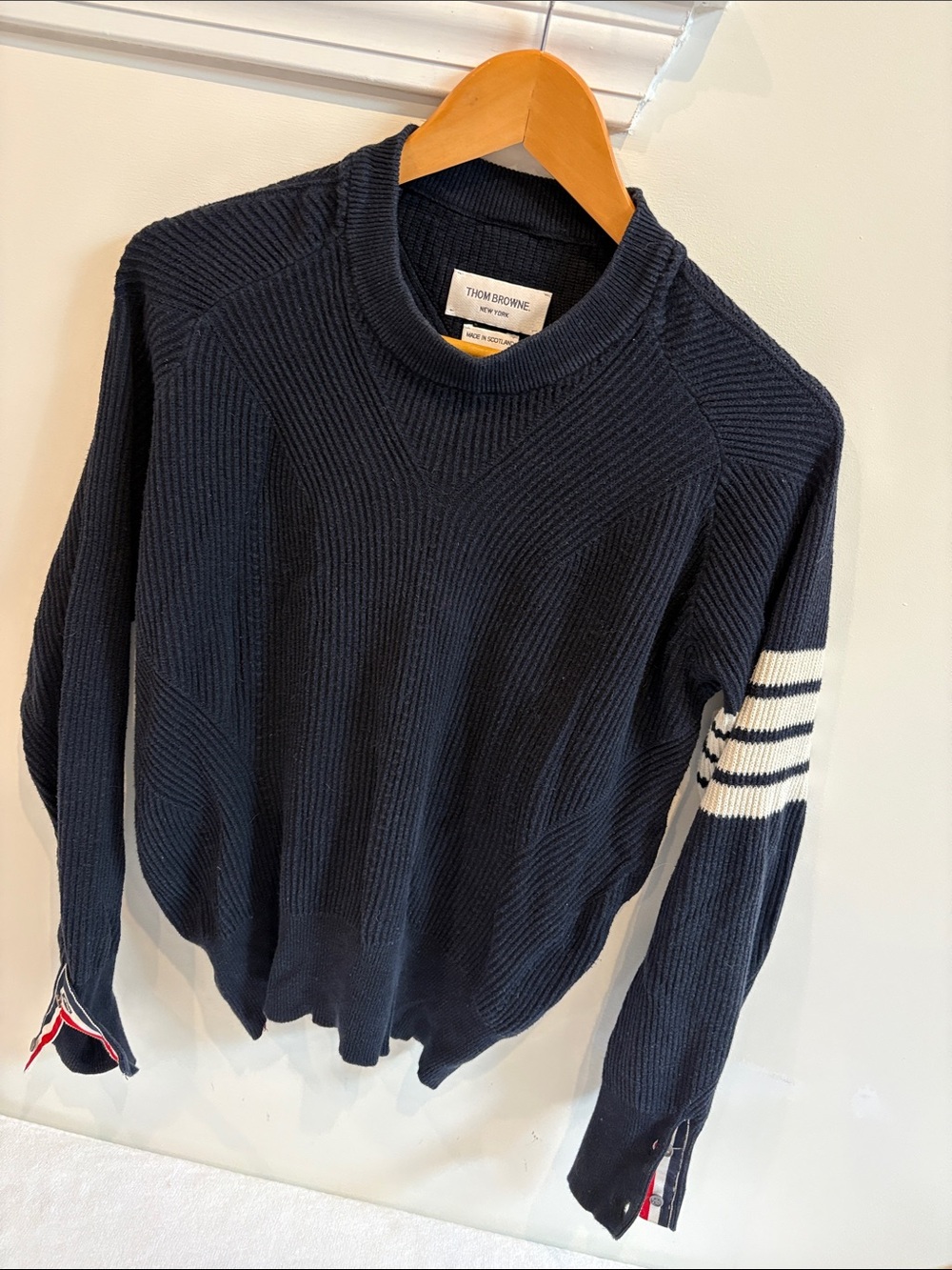 Thom Browne Navy Ribbed Crewneck Sweater with White Sleeve Stripes & Cuff Detail